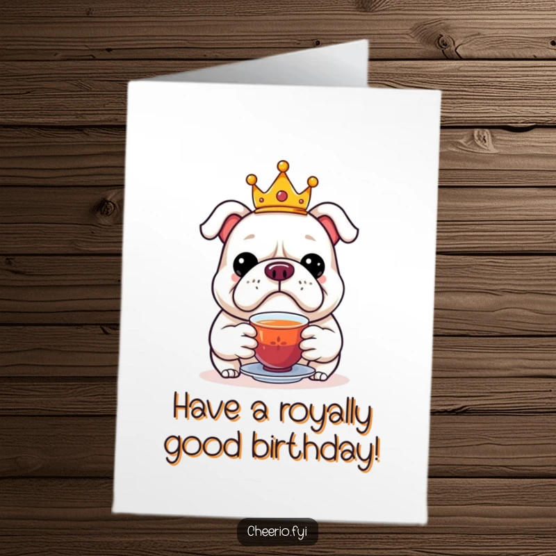 Funny Free Printable Birthday Card: A jolly bulldog in a tiny crown offering a cup of tea.