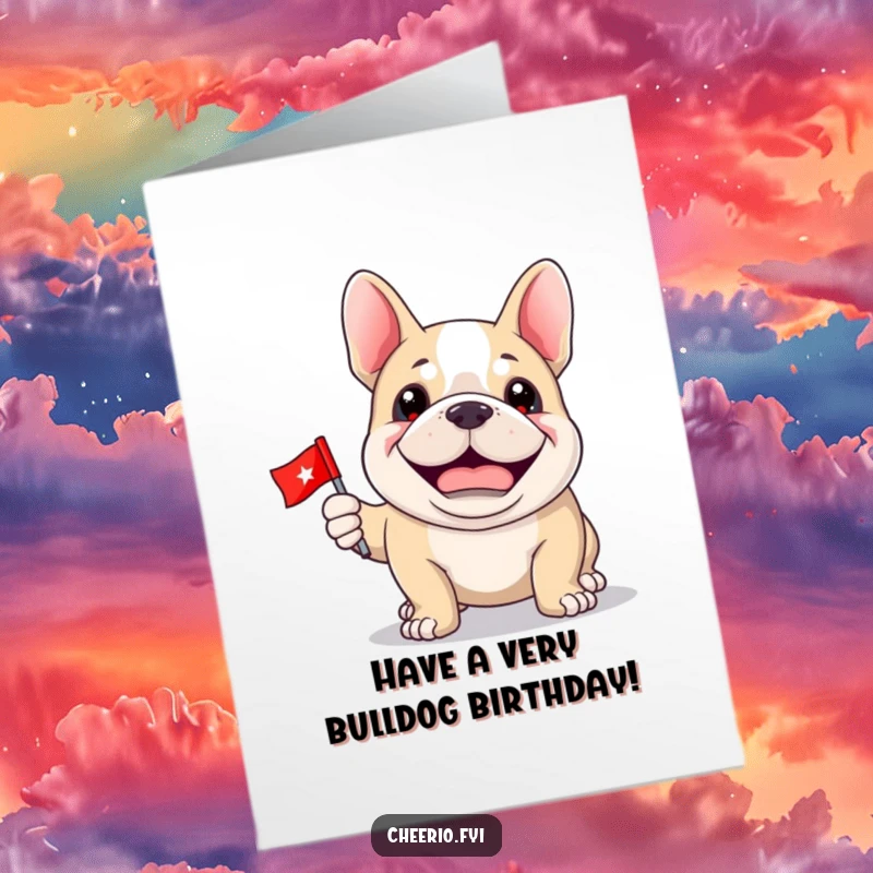 Funny Free Printable Birthday Card: A happy bulldog with a proud grin holds a tiny flag, ready to celebrate with gusto.