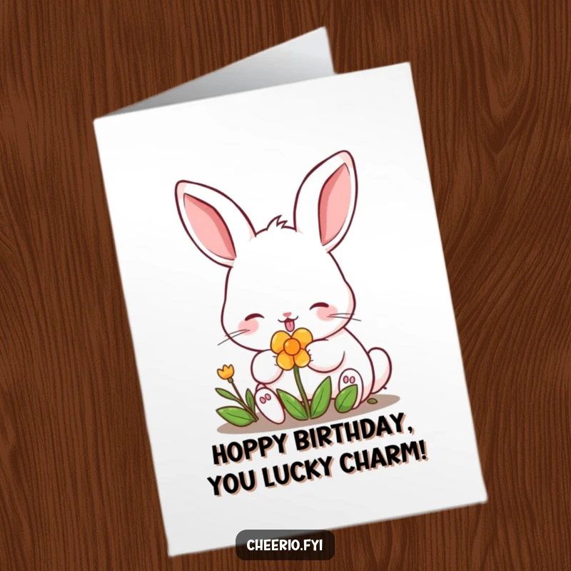 Free Printable Birthday Card: A content rabbit with perked ears happily nibbles on a bright green clover.