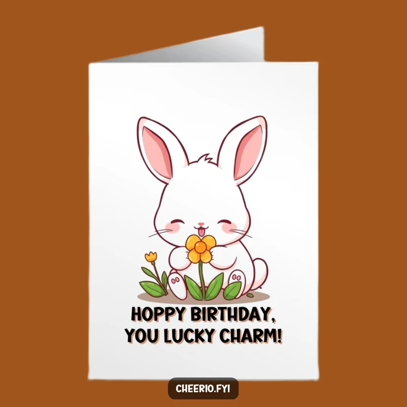 Free Printable Birthday Card: Lucky Rabbit Nibbling Clover Digital Download