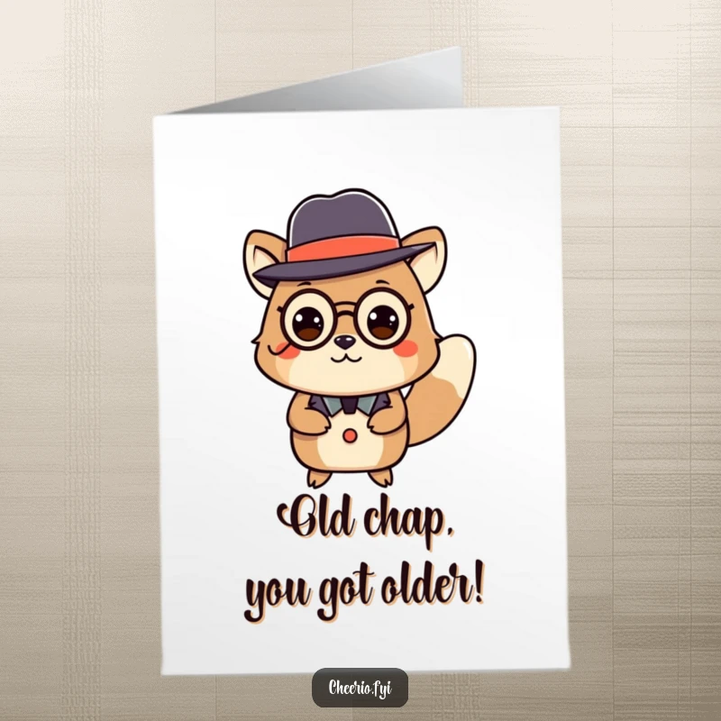 Funny Free Printable Birthday Card featuring a dapper animal in a bowler hat and monocle, elegantly curtseying for a happy birthday.