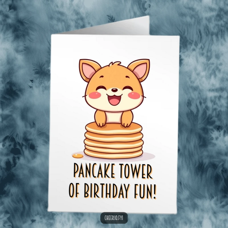 Funny Free Printable Birthday Card featuring a joyful animal with a wide grin balancing precariously on a stack of pancakes.
