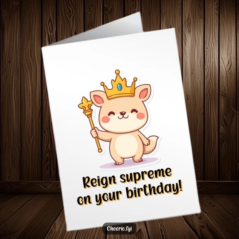 Funny Free Printable Birthday Card: A cheerful animal character proudly wears a crown and holds a scepter.