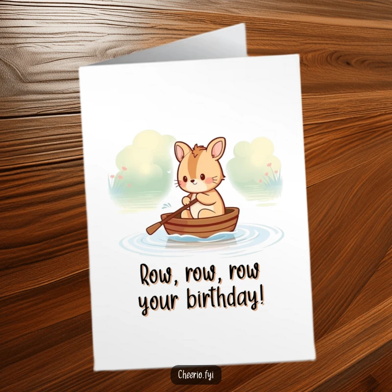 Funny Free Printable Birthday Card: British animal character rowing a tiny boat, bringing smiles and laughter, a perfect DIY gift.