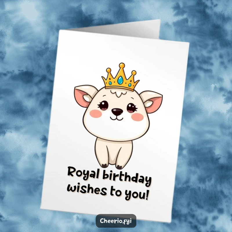 Funny Free Printable Birthday Card featuring a cute animal character wearing a tiny crown, smiling regally for a majestic birthday wish.