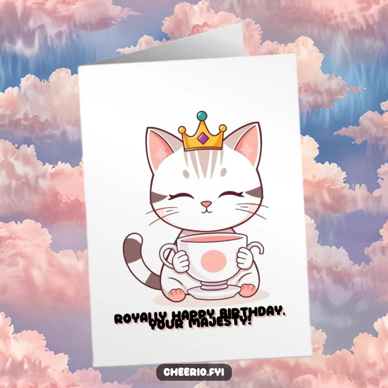 Funny Free Printable Birthday Card showing a cute cat in a tiny crown gazing dreamily at a floating teacup.