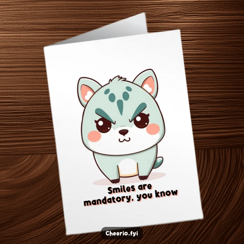 Funny Free Printable Birthday Card: Stern animal character cracks a shy, tiny smile, offering a hilarious DIY greeting for any occasion.