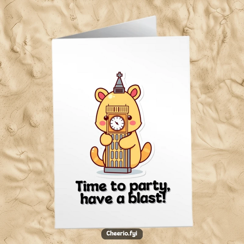 Funny Free Printable Birthday Card: Cartoon animal hugging a Big Ben icon, ideal for a downloadable birthday greeting.