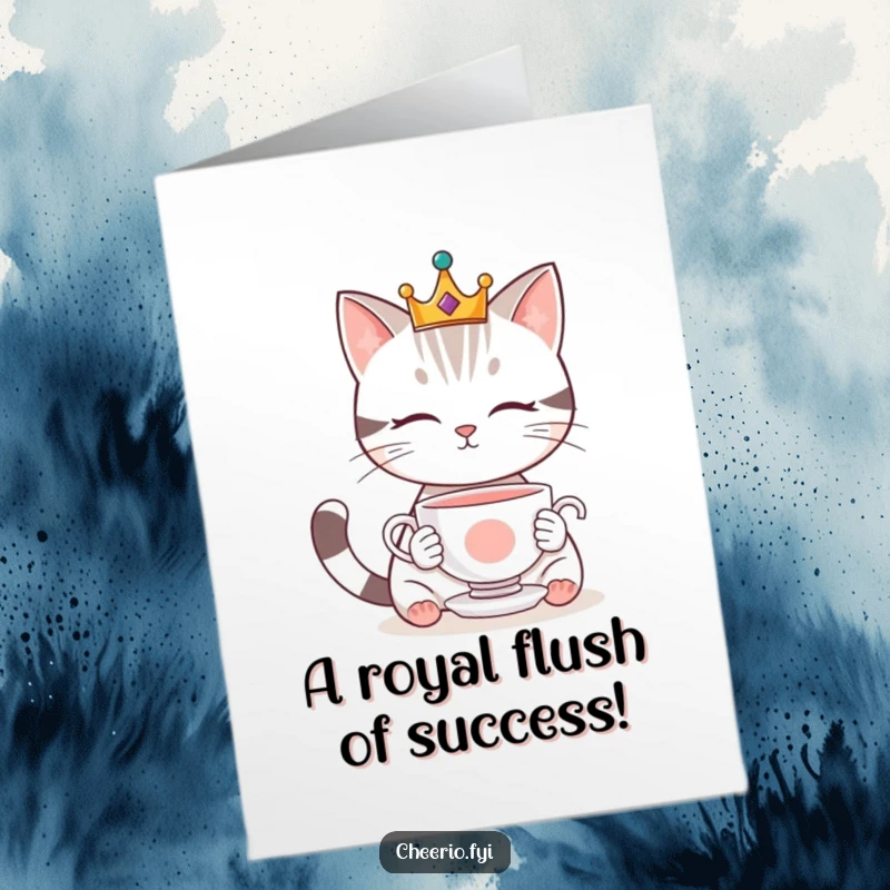 Funny Free Printable Congratulations Card featuring a cute, crowned cat admiring a mysteriously floating teacup.