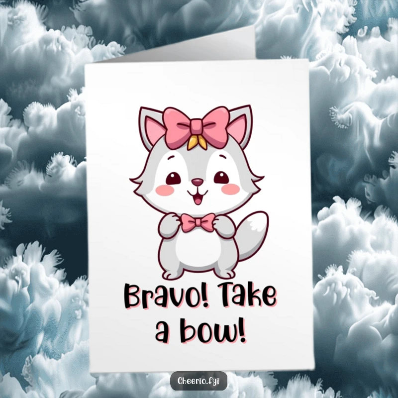 Funny Free Printable Congratulations Card: A happy animal character executes a jaunty little bow, celebrating a well-deserved accomplishment.