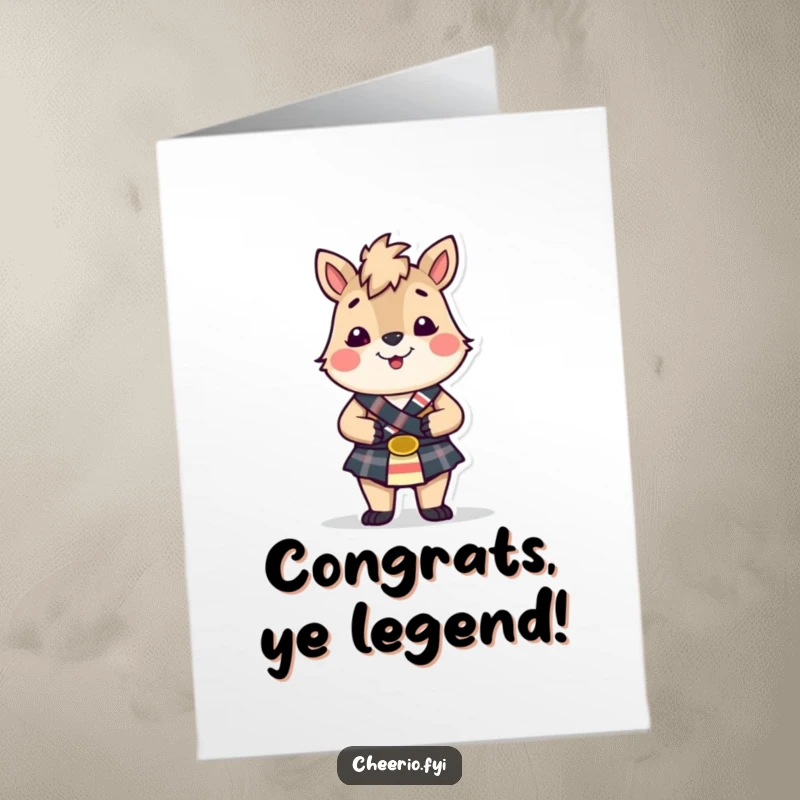 Funny Free Printable Congratulations Card: Joyful British animal character in a kilt, celebrating success with a hilarious vibe.