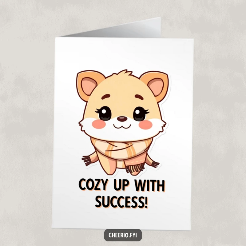 Funny Free Printable Congratulations Card: Cartoon creature with a friendly grin wearing a scarf, celebrating an achievement warmly.