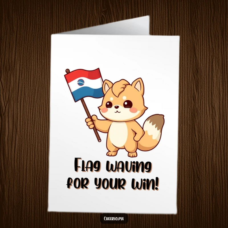 Free Printable Congratulations Card: A proud animal with a determined look gestures towards a stylized flag, celebrating your big win.