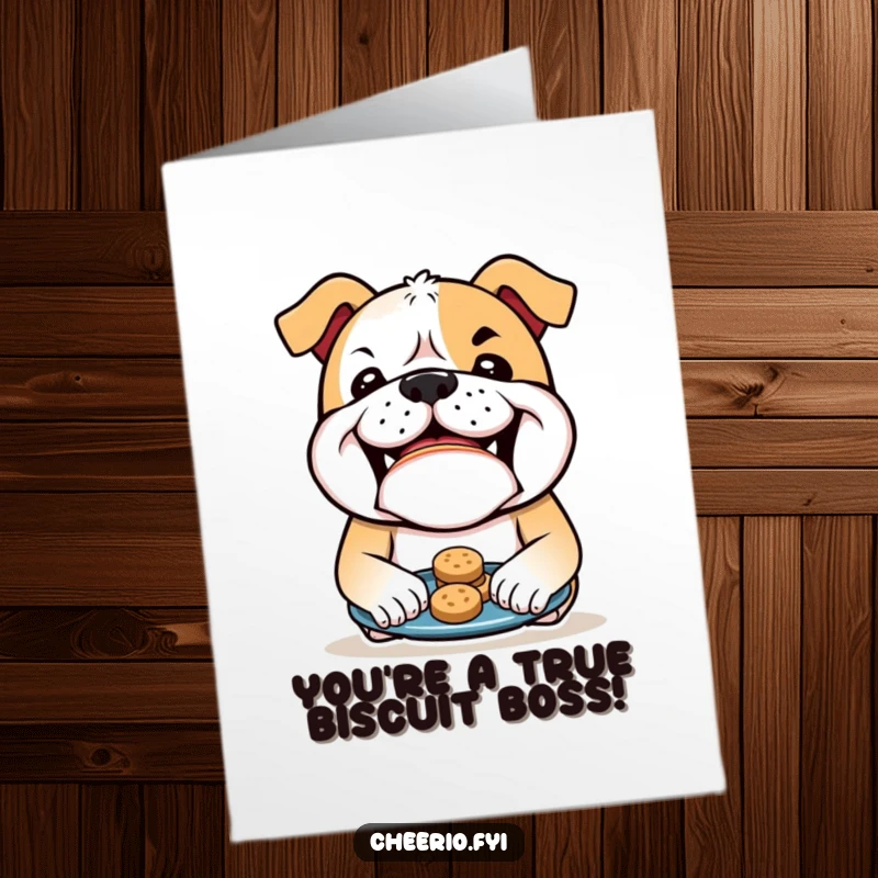 Funny Free Printable Congratulations Card: Mischievous bulldog proudly presents biscuits, celebrating your fantastic success, a delightful downloadable present.
