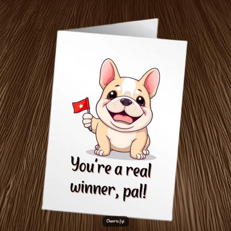 Funny Free Printable Congratulations Card: A proud bulldog grins widely, holding a miniature flag high to celebrate a significant victory.