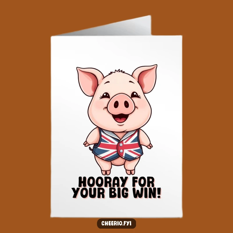 Free Printable Congrats Card: Cheerful Pig Union Jack Funny Downloadable Gift for Wins