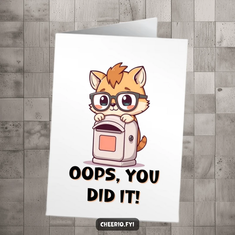 Free Printable Congratulations Card: A playful animal with oversized spectacles comically trips over a small post box, celebrating your surprise success.