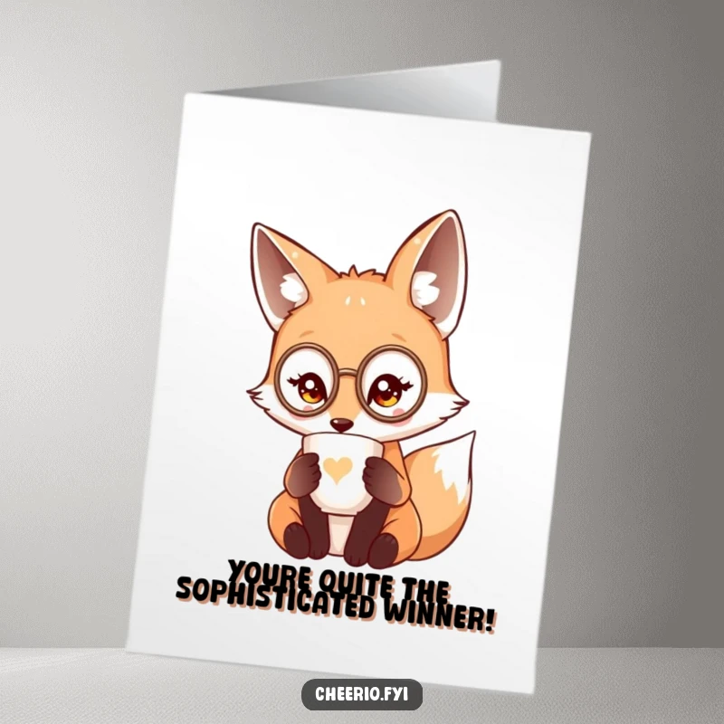 Funny Free Printable Congratulations Card: Cute fox in monocle sipping tea from delicate cup, elegant success, downloadable greeting.