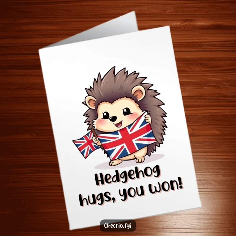 Free Printable Congratulations Card with a happy hedgehog proudly holding a Union Jack flag, ideal for a festive occasion.
