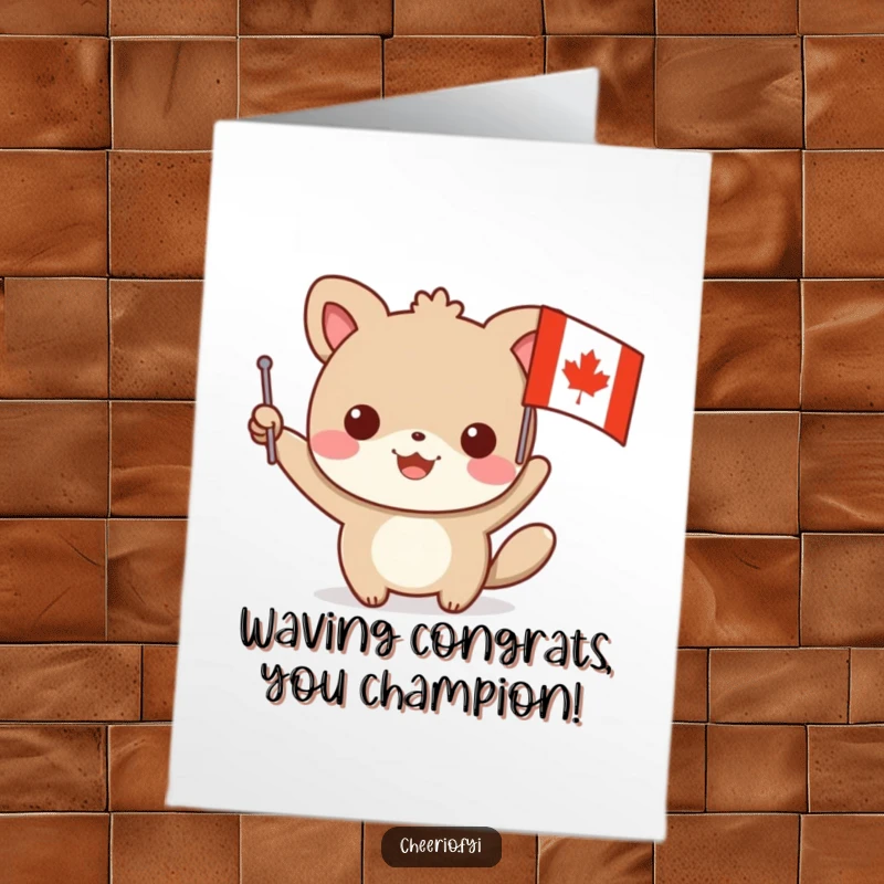 Funny Free Printable Congratulations Card: A delighted animal character proudly waves a flag bearing a bold red cross symbol.