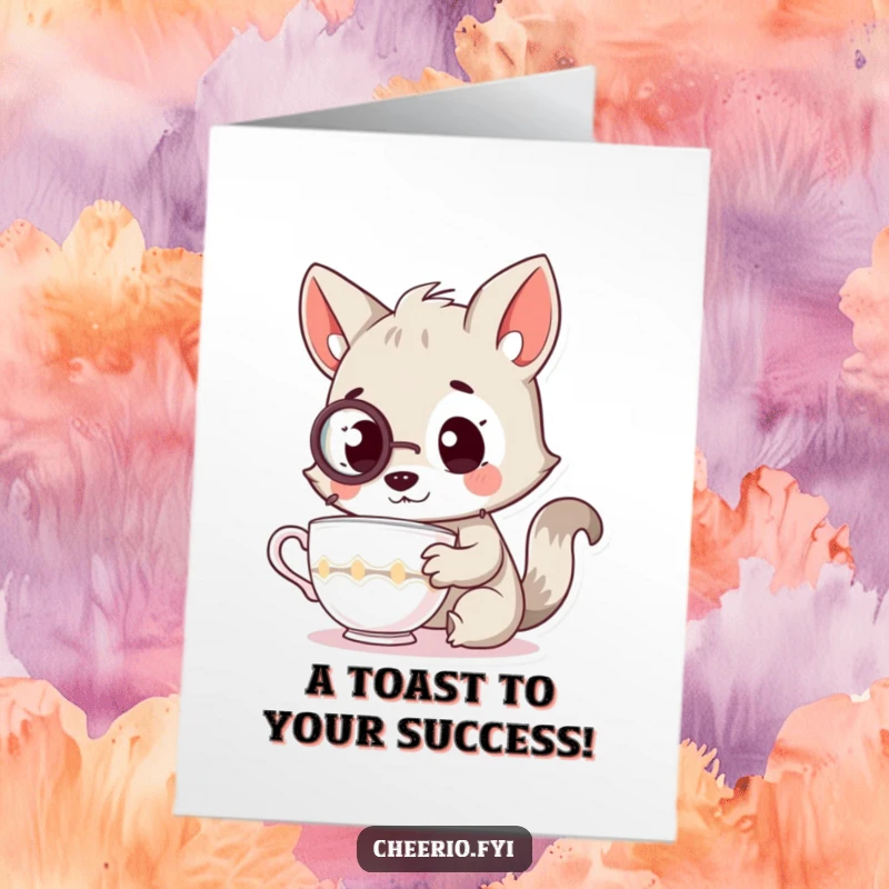 Funny Free Printable Congratulations Card: A curious animal with a monocle peers intently at a teacup, signifying approval of success.