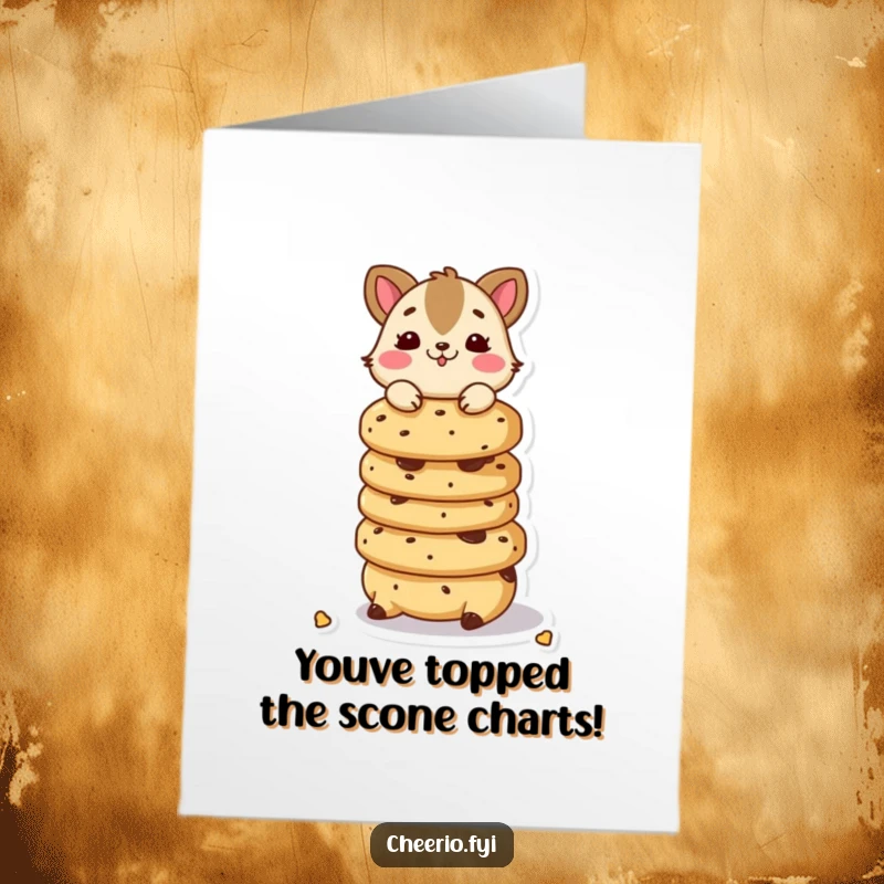Funny Free Printable Congratulations Card showing a playful animal balancing a precarious stack of scones, celebrating their achievement.