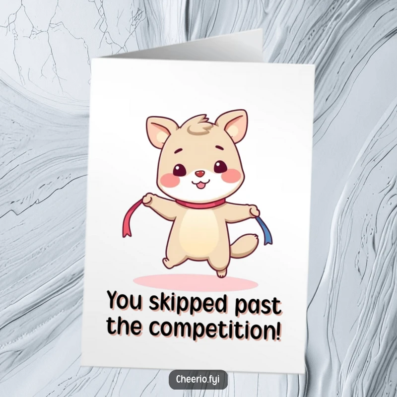 Funny Free Printable Congratulations Card: a cheerful animal energetically skipping rope with a ribbon, celebrating a big achievement. A downloadable gift.