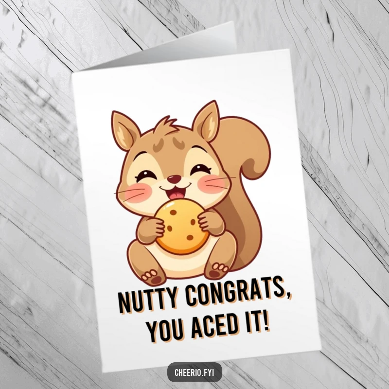 Free Printable Congratulations Card with a delighted squirrel holding a small biscuit, ideal for a sweet congratulatory note.
