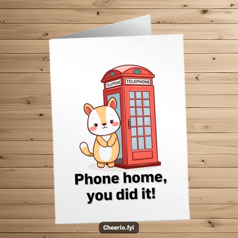 Free printable congratulations card: an animal with a friendly grin posing by a classic red telephone booth, ready to share good news.