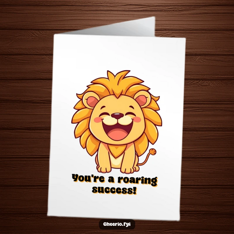 Funny Free Printable Congratulations Card: Joyful lion with a hearty laugh gives a mighty roar, celebrating your victory, a strong downloadable.