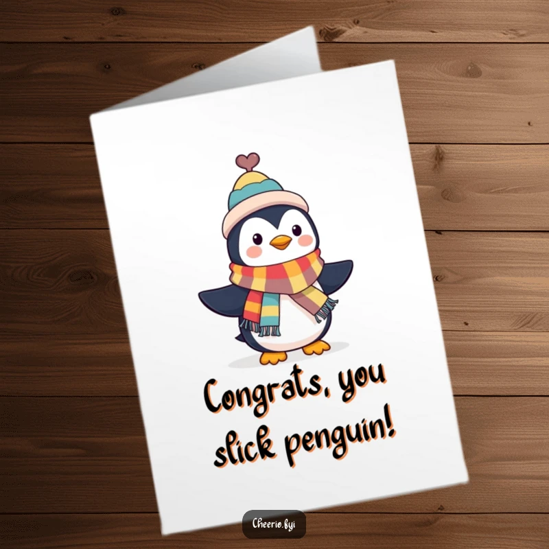 Funny Free Printable Congratulations Card: Penguin in a tiny top hat waves scarf, celebrating your success with dapper charm, a stylish downloadable.