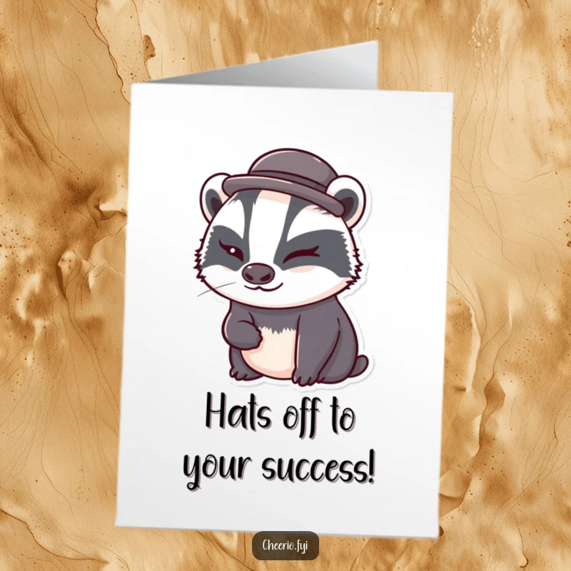Funny Free Printable Congratulations Card: A charming badger with a bowler hat winks, offering playful felicitations.