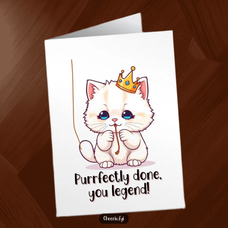 Funny Free Printable Congratulations Card: A cat wearing a small crown playfully swats at a string, celebrating success.