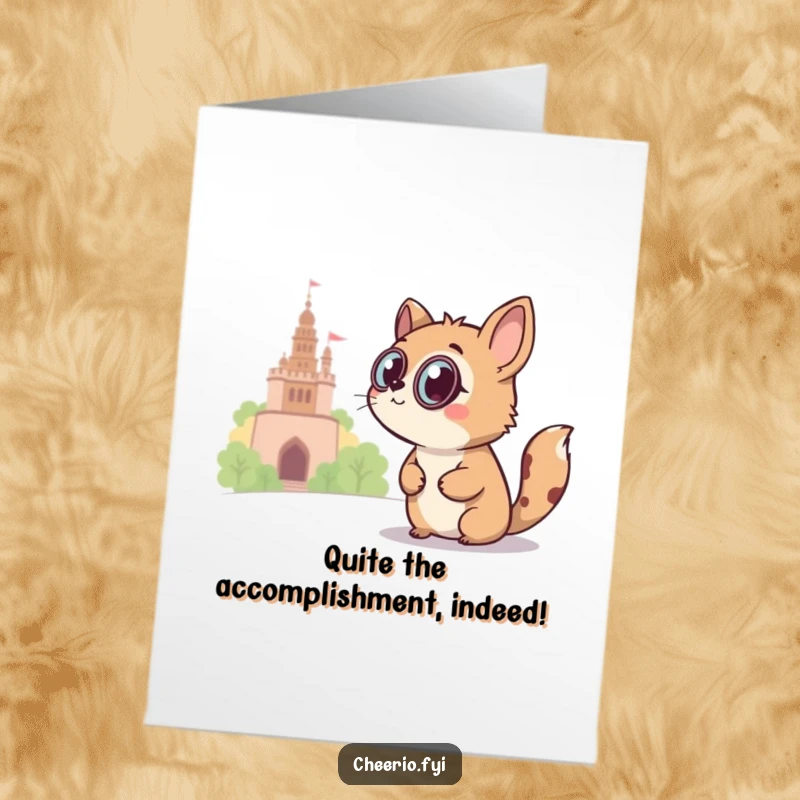 Funny Free Printable Congratulations Card: A monocled animal peers at a landmark, signifying discovery.