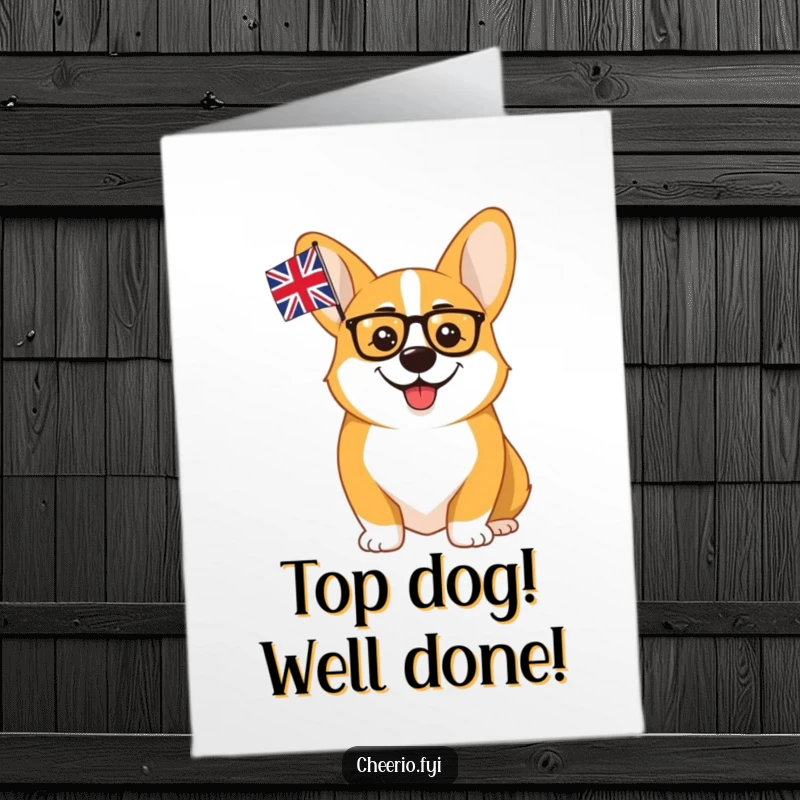 Funny Free Printable Congrats Card: A distinguished corgi sporting a monocle waves a union flag victoriously.