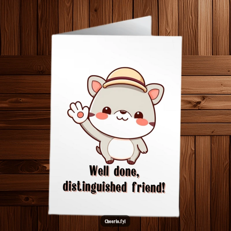 Funny Free Printable Congrats Card: A cheerful animal dons a tiny bowler hat and waves jauntily, celebrating accomplishments with flair.