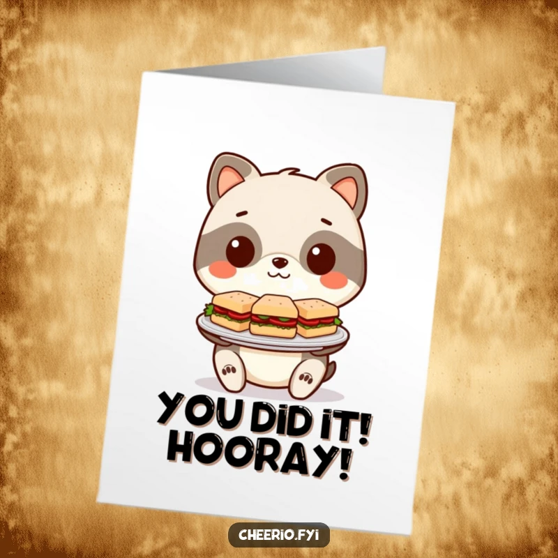 Funny Free Printable Congratulations Card with a stylized animal presenting tiny sandwiches, a quirky and unique DIY gift.