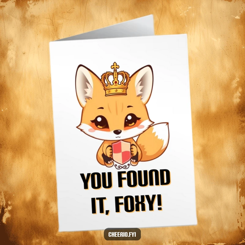 Funny Free Printable Congratulations Card: A fox with wide, curious eyes examines a small, ornate royal crest.