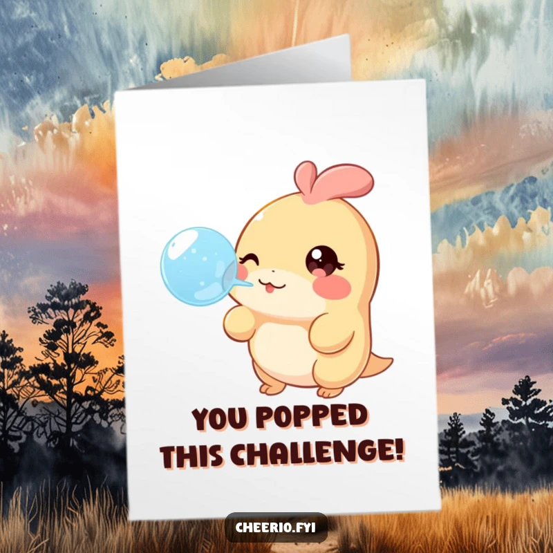 Funny free printable congratulations card of a creature with a twinkling eye whimsically blowing a cheerful bubble, celebrating good news.