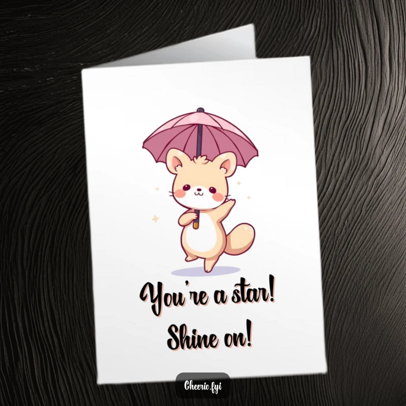 Funny Free Printable Congratulations Card: Whimsical animal twirling with a tiny umbrella, a joyous and funny way to say congrats, downloadable art.