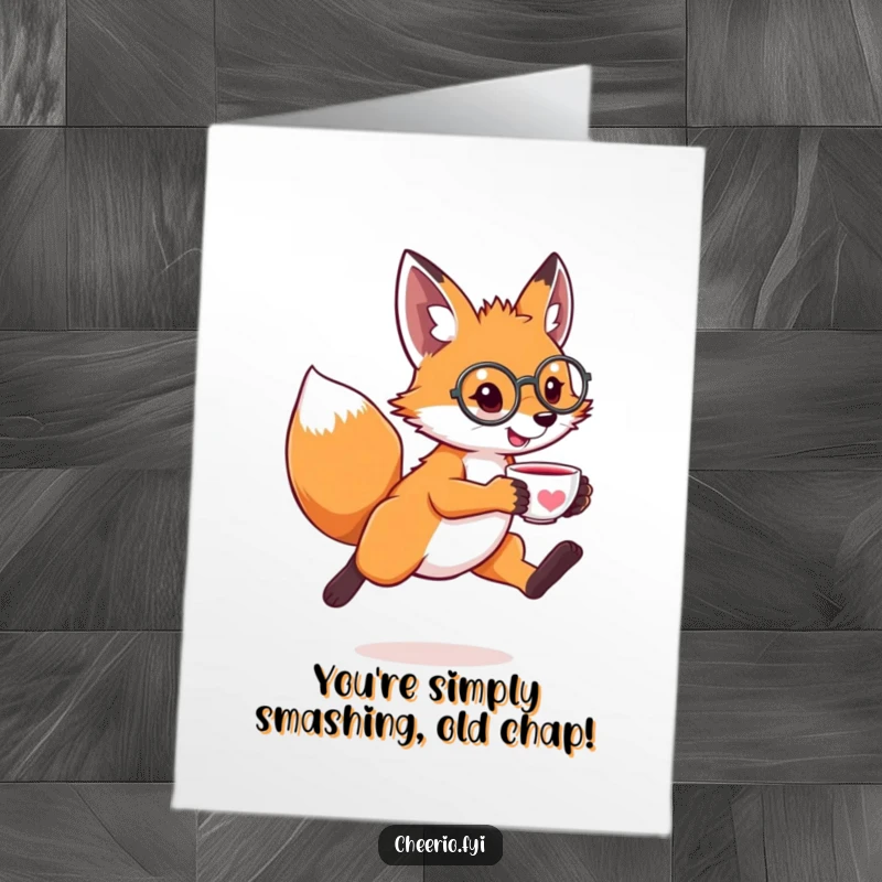 Funny Free Printable Congratulations Card: Leaping fox with a monocle and tiny teacup, celebrating an impressive accomplishment.
