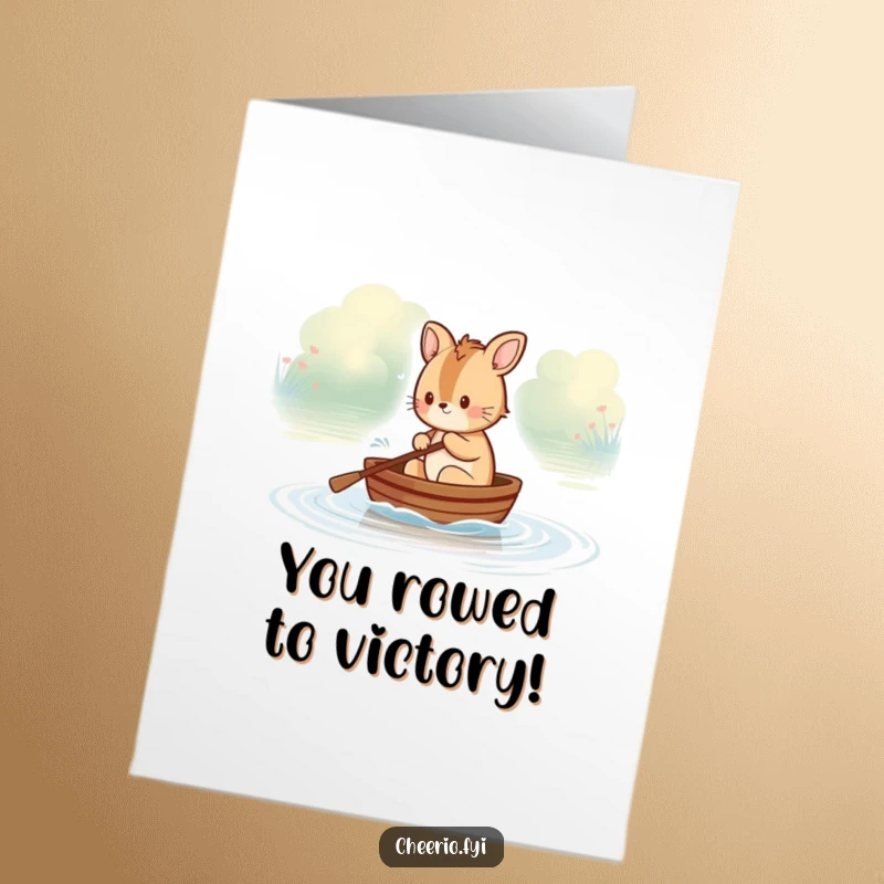 Funny Free Printable Congratulations Card: British animal character triumphantly rowing a boat, ideal for DIY gifts and celebrations.