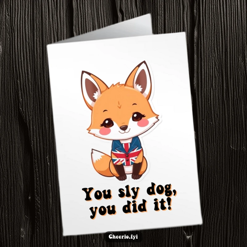 Funny Free Printable Congratulations Card featuring a smiling fox dressed in a tiny Union Jack waistcoat, looking sophisticated.