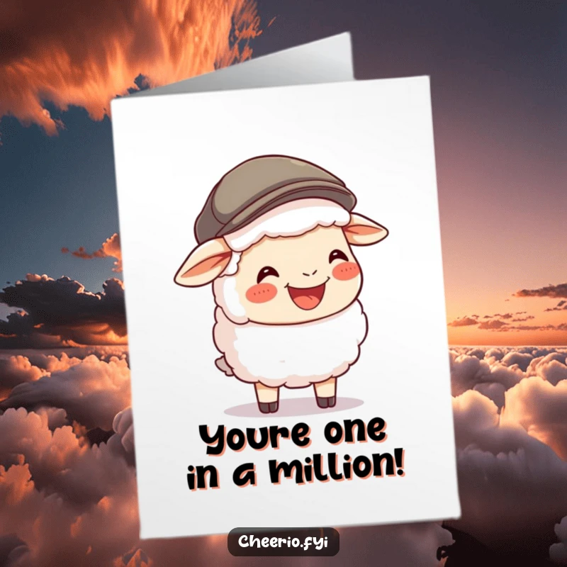 Funny Free Printable Congrats Card: A cheerful sheep wearing a flat cap shares a big, infectious laugh.