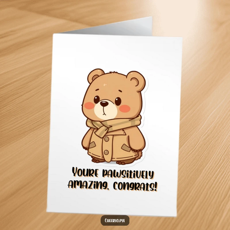 Funny Free Printable Congratulations Card: A bear in tweed looks thoughtfully into the distance, celebrating your achievement.