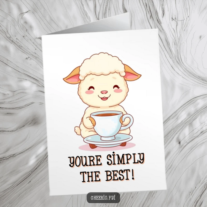 Funny Free Printable Congratulations Card: A happy sheep enjoys a cup of tea, celebrating success.