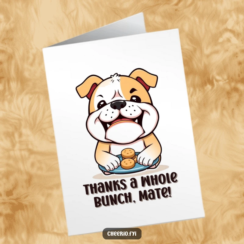 Funny Free Printable Thank You Card: Mischievous bulldog offers biscuits with a grin, a sweet and downloadable token of thanks.
