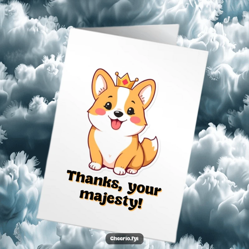 Funny Free Printable Thank You Card: Cheerful corgi wearing a small crown, wagging its tail to express thanks.