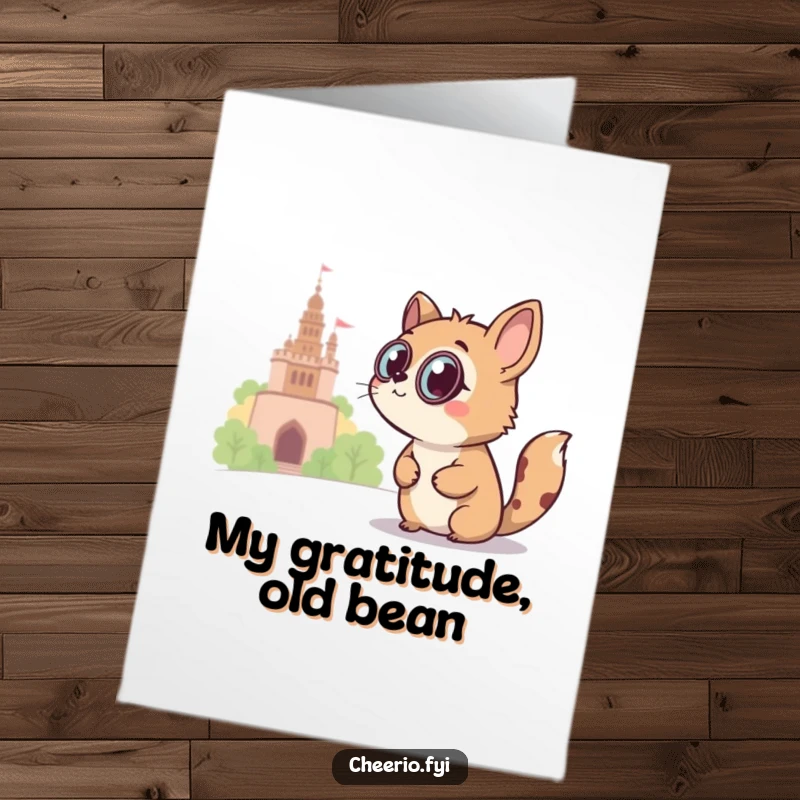 Funny Free Printable Thank You Card: A curious animal wearing a monocle observes a distant landmark.