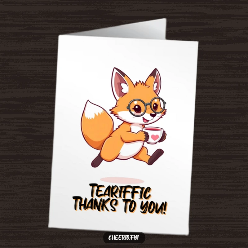 Funny Free Printable Thank You Card: Leaping fox with a monocle and tiny teacup, politely saying thank you.